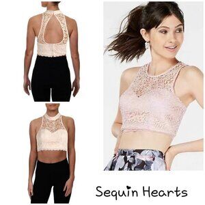 Sequin Hearts Womens Pink Lace Metallic Crop Top Blouse Sz 5